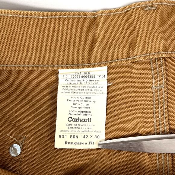 Mens Carhartt B01 BRN Dungaree Fit Brown Double Knee Work Pants Distressed - Picture 3 of 12